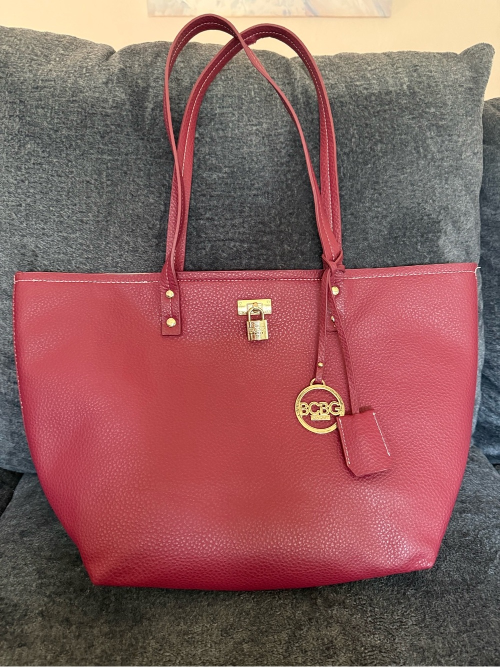 BCBG Wine Red Pebbled Leather Tote with Gold Accents